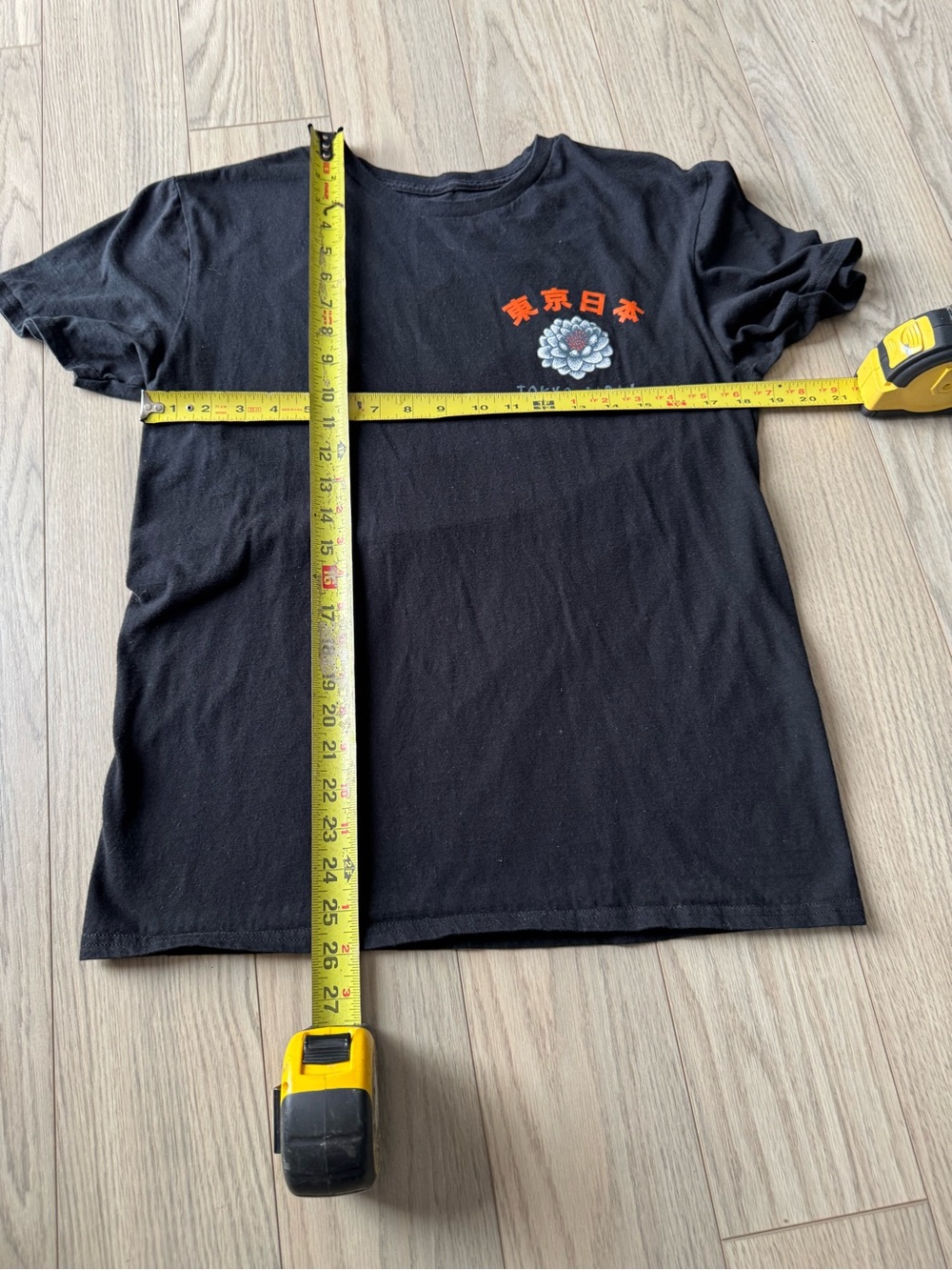 Black Graphic men’s Tee with Floral Crest and Red Japanese Text